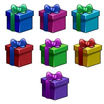 Set of colorful simple gift boxes with ribbon bow isolated on white background Stock Illustration