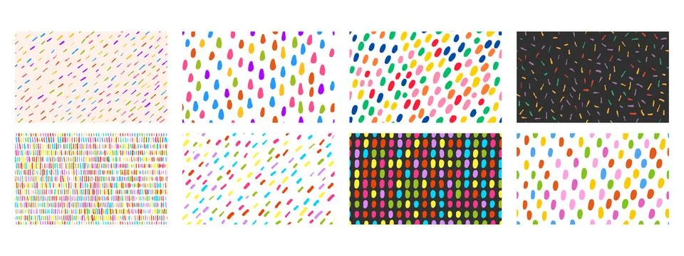 Set of colorful simple seamless pattern with small dashes. Hand drawn noise t 스톡 일러스트