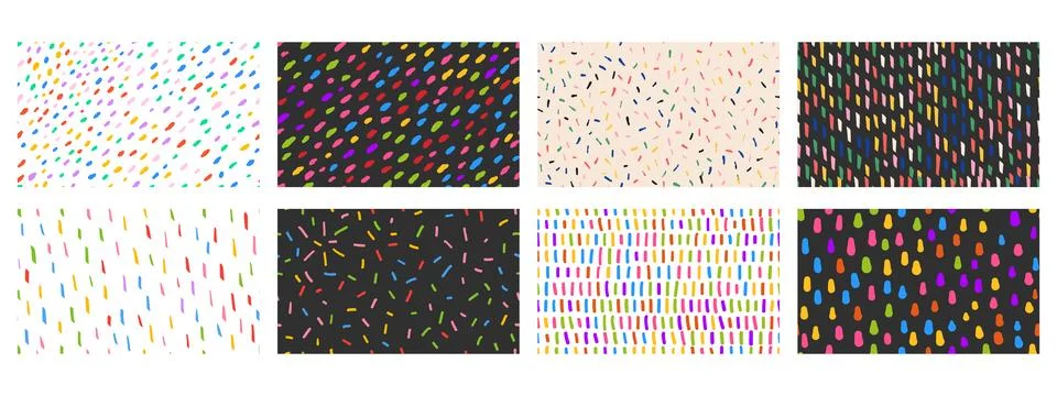 Set of colorful simple seamless patterns with small black lines. Hand drawn n Illustrazione stock