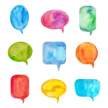 Set of Colorful Speech Bubbles or Conversation Clouds. Painted by Watercolor Stock Illustration