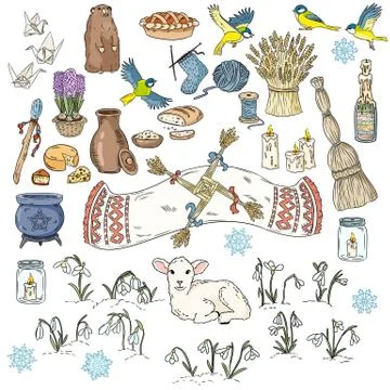 Set of colorful spring doodles. Beginning of spring symbols. Imbolc wiccan ho Illustrazione stock