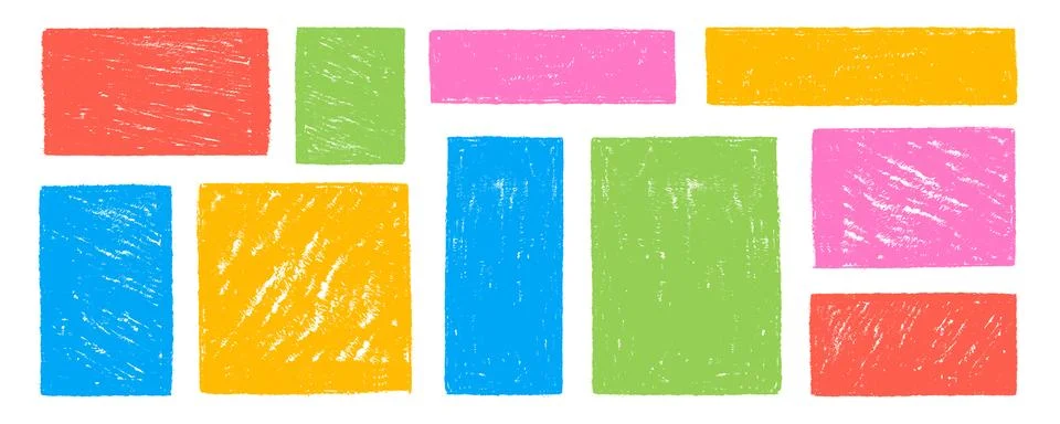 Set of colorful square and rectangle text boxes with rough crayon texture. .. 스톡 일러스트