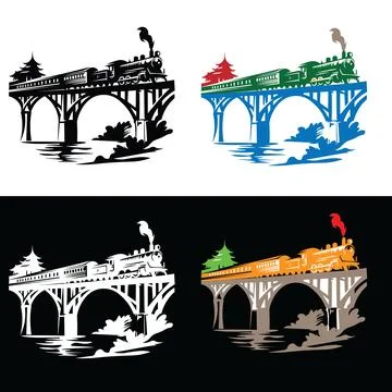Set of colorful train bridge illustrations. Graphic icons of steam locomotives o 스톡 일러스트