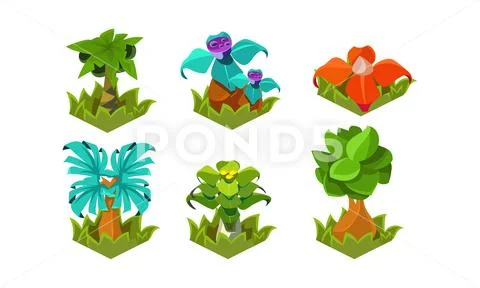 Set of colorful trees and flowers. Fantasy plants. Nature landscape elements Stock Illustration