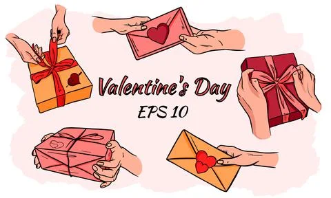 Set of colorful vector gift boxes with bows and ribbons. Valentines. Stock Illustration