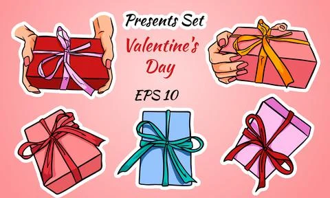 Set of colorful vector gift boxes with bows and ribbons. Valentines. Stock Illustration
