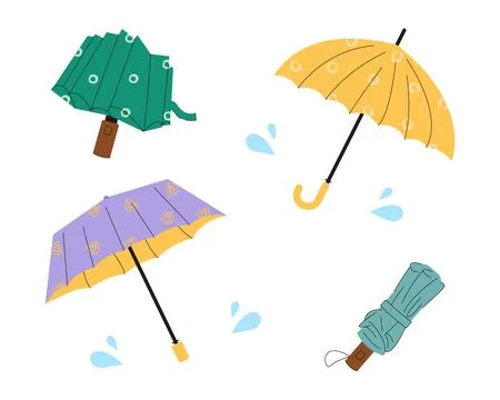 Set of colorful vector umbrellas in various states open, closed Stock Illustration