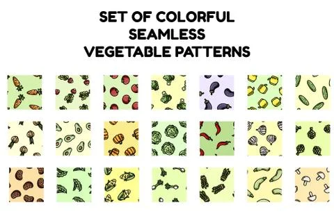 Set of colorful vegetables seamless patterns. Flat design collection of backg Illustrazione stock
