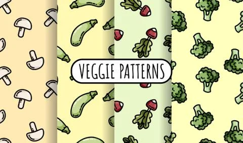 Set of colorful vegetables seamless patterns. Flat design collection of backg Stock Illustration