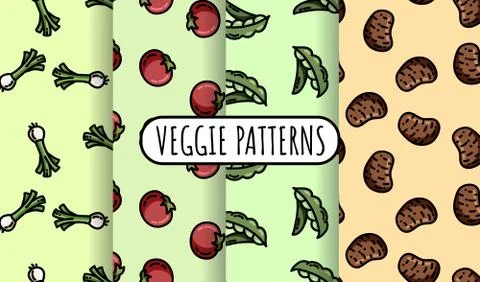 Set of colorful vegetables seamless patterns. Flat design collection of backg Stockillustratie