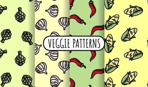 Set of colorful vegetables seamless patterns. Flat design collection of backg Illustrazione stock