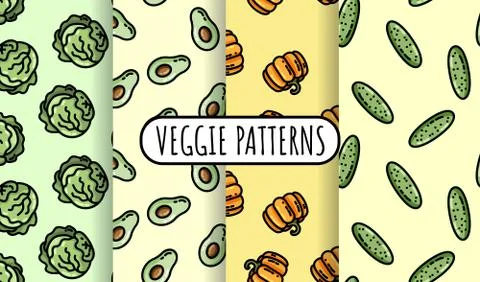 Set of colorful vegetables seamless patterns. Flat design collection of backg Stockillustratie