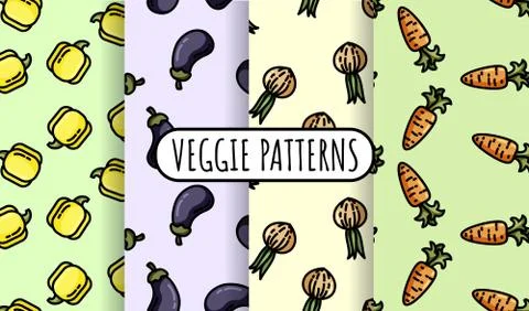 Set of colorful vegetables seamless patterns. Flat design collection of backg Stock Illustration