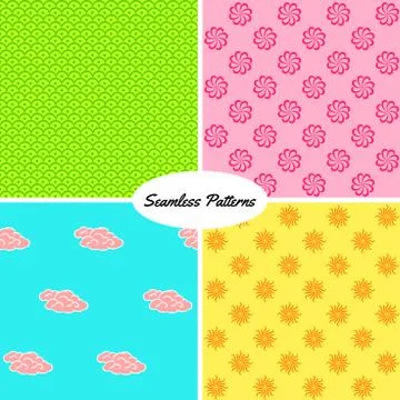 Set of colorful vibrant abstract, floral & clouds seamless patterns Stock Illustration