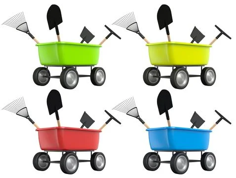 Set of colorful wheelbarrows with garden tools like shovels and rakes, isolat Stock Illustration