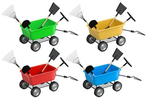 Set of colorful wheelbarrows with garden tools like shovels and rakes, isolat Stock Illustration