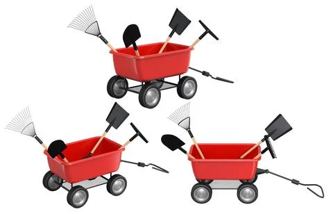 Set of colorful wheelbarrows with garden tools like shovels and rakes, isolat Stock Illustration