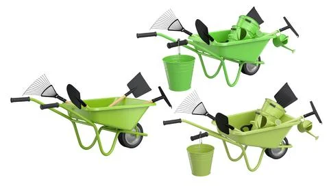 Set of colorful wheelbarrows with garden tools like shovels and rakes, isolat Stock Illustration