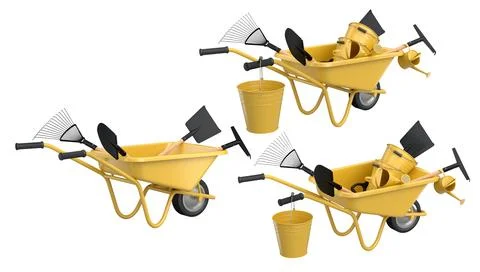 Set of colorful wheelbarrows with garden tools like shovels and rakes, isolat Stock Illustration