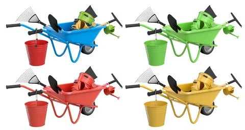 Set of colorful wheelbarrows with garden tools like shovels and rakes, isolat Stock Illustration