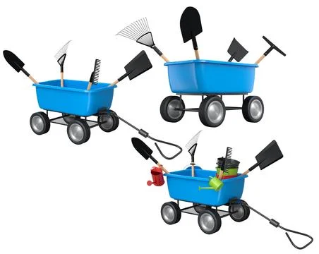 Set of colorful wheelbarrows with garden tools like shovels and rakes, isolat Stock Illustration