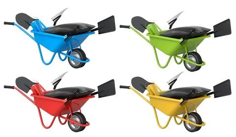 Set of colorful wheelbarrows with garden tools like shovels and rakes, isol.. Stock Illustration