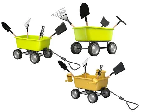Set of colorful wheelbarrows with garden tools like shovels and rakes, isolat Illustration