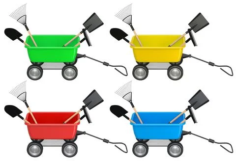 Set of colorful wheelbarrows with garden tools like shovels and rakes, isolat Illustration