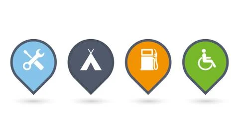 Set of colorfull map pointers or pins with extra icons. vector illustrations Stock Illustration