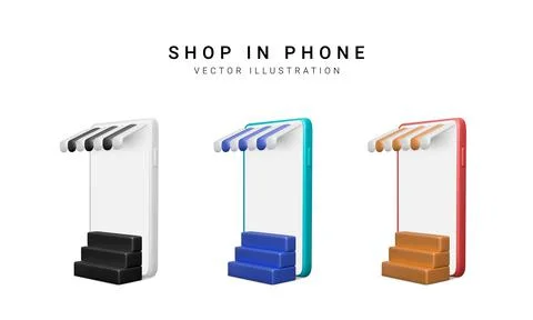 Set of colour 3d realistic store in your phone on white background. Vector il Illustrazione stock