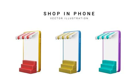 Set of colour 3d realistic store in your phone on white background. Vector il Illustrazione stock