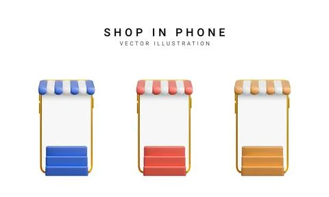 Set of colour 3d realistic store in your phone on white background. Vector il Illustrazione stock