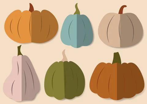 A set of coloured pumpkins. Paper cut out style. Perfect for thanksgiving, .. Illustrazione stock