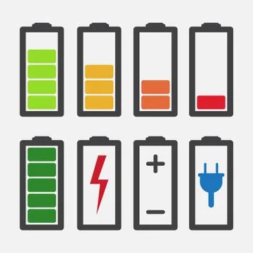 Set of colourful battery charge level indicators isolated Stock Illustration