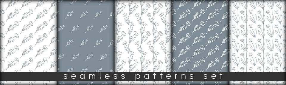 Set of combinable seamless patterns. botanical floral hand drawn lineart elem Stock Illustration