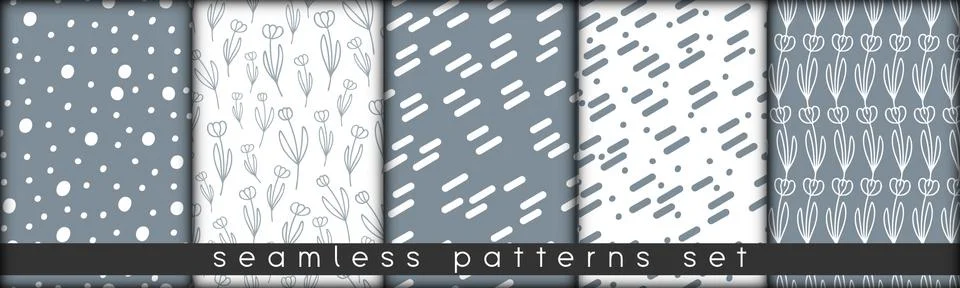 Set of combinable seamless patterns. botanical floral hand drawn lineart elem Stock Illustration