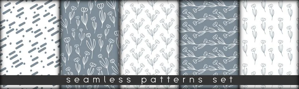 Set of combinable seamless patterns. botanical floral hand drawn lineart Stock Illustration
