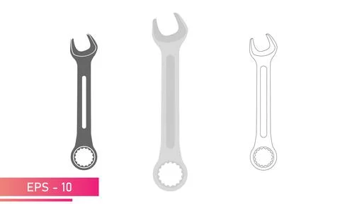 Set, Combination wrench for nuts. Linear, solid and realistic design. On a white Stock Illustration