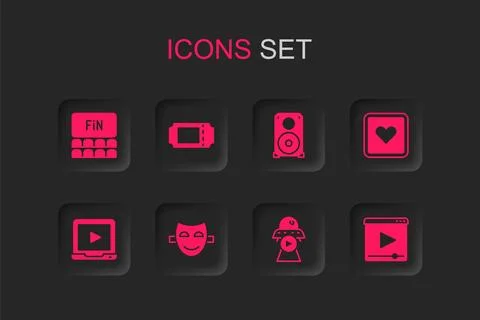 Set Comedy theatrical mask, Cinema ticket, auditorium with screen, Science .. Stock Illustration