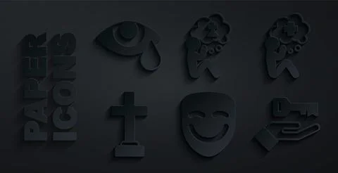 Set Comedy theatrical mask, Helping hand, Graves funeral sorrow, Solution t.. Stock Illustration