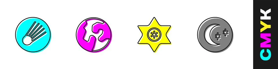 Set Comet, Earth globe, Falling star and Moon and stars icon. Vector Stock Illustration