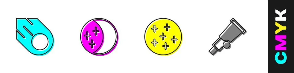 Set Comet, Eclipse of the sun, Full moon and Telescope icon. Vector 스톡 일러스트