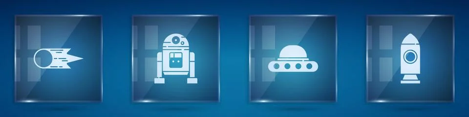 Set Comet falling down fast, Robot, UFO flying spaceship and Rocket. Square Stock Illustration