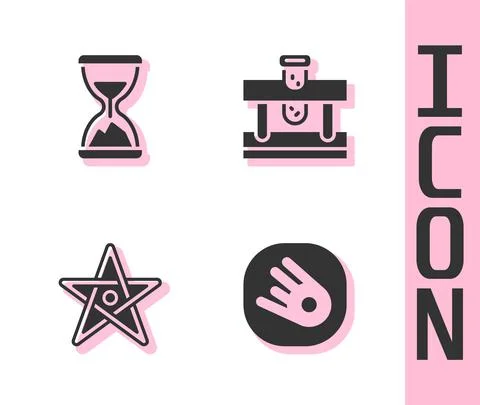 Set Comet falling down fast, Old hourglass with sand, Pentagram and Bottle Stock Illustration