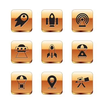 Set Comet falling down fast, Box flying on parachute, Alien, Rocket ship, UFO Stock Illustration