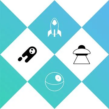 Set Comet falling down fast, Planet, Rocket ship and UFO flying spaceship icon Illustrazione stock