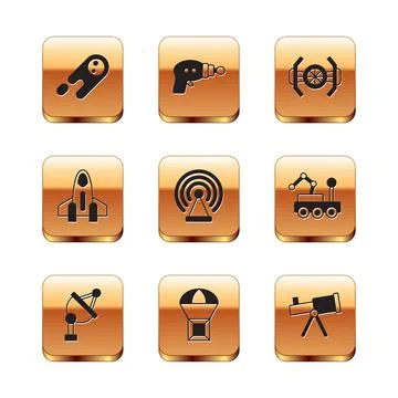 Set Comet falling down fast, Satellite dish, Box flying on parachute, Radar Stock Illustration