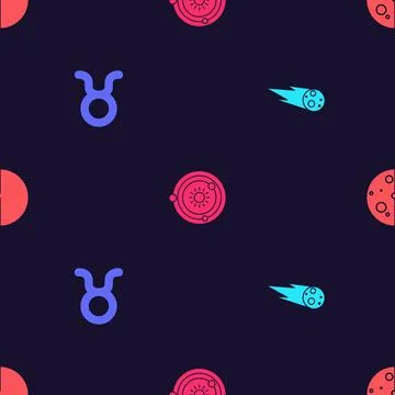Set Comet falling down fast, Taurus zodiac, Solar system and Eclipse of the sun Stock Illustration