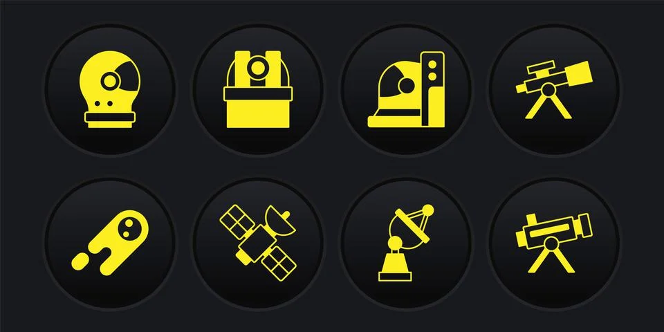 Set Comet falling down fast, Telescope, Satellite, dish, Astronaut helmet Illustrazione stock