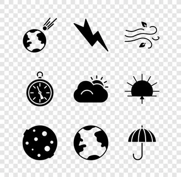 Set Comet falling down fast, Lightning bolt, Wind, Moon, Earth globe, Umbrella 스톡 일러스트